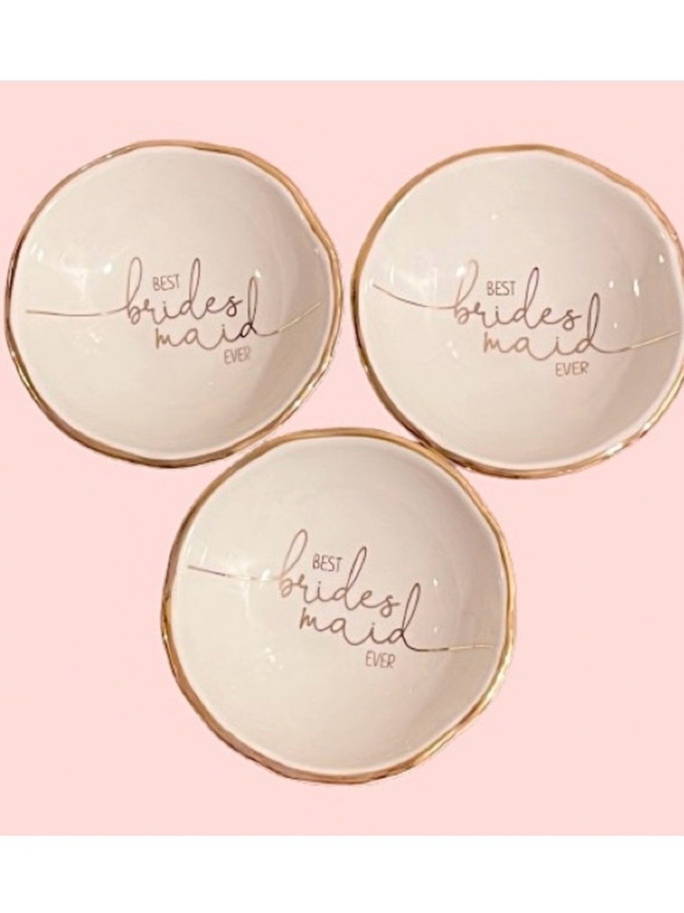 🆕-SANTA BARBARA DESIGN-Set of 3 "Best Bridesmaid Ever' Trinket Dishes Gold Rim